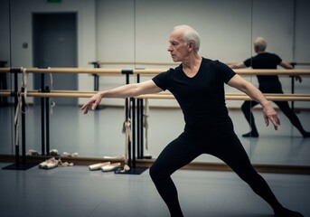 Senior male ballet dancer practicing at barre