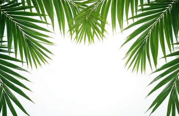 Fototapeta premium Fresh green palm leaves on white background. Tropical flora plant detail, natural texture. Summer vacation, travel, eco theme. Ideal for backgrounds, patterns, design projects.