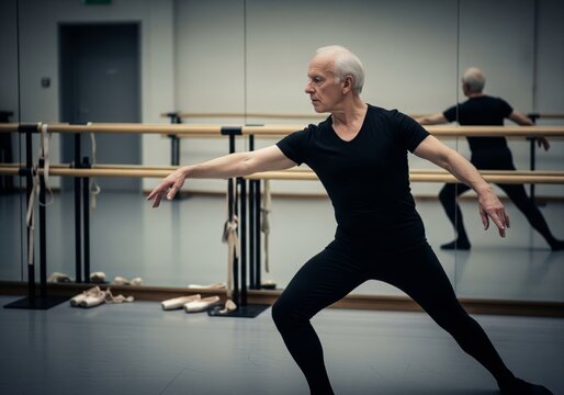Senior male ballet dancer practicing at barre