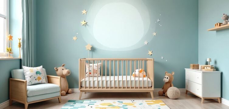 Cozy children room interior design with light blue wall. Crib, soft toys, armchair, decorative stars. Comfortable nursery decor with pillow. Modern baby room furniture. Perfect for childcare center.
