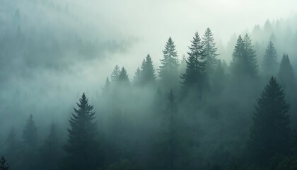 Fototapeta premium Mystical mountain landscape with trees enveloped in dense morning fog. Dreamlike scene of misty forest creating tranquil atmosphere. Nature, travel, peaceful, serene background.