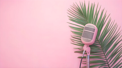 Pink microphone with tropical palm leaf on pastel pink background --ar 16:9