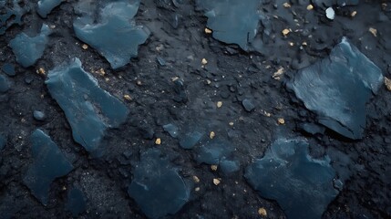 Road texture background top view with rough asphalt, cracks, pebbles, and tire marks
