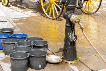 Outdoor water pump with a connected hose and nearby buckets filled with water for horses.
