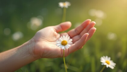 Hand gently holds delicate daisy flower in sunny outdoor field. Woman touches, caresses flower. Chamomile blossom. Soft light, bokeh background. Eco friendly, wellbeing, spa, organic, floral design.
