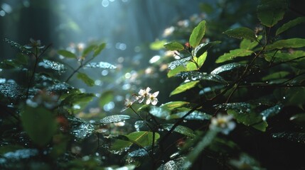 Dewy Forest Flora in the Morning Light
