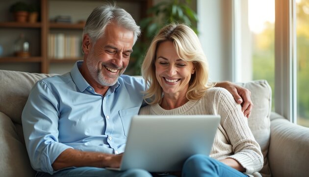 Happy middle aged couple uses laptop computer on couch at home. Smiling mature man and woman talk, having fun, laughing with device, sitting on sofa. Candid shot in sunny living room.