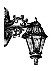 Old-Fashioned Street Light Vector Drawing. Hand Drawn Antique Wall Lantern in Black and White....