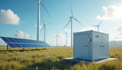 Conceptual illustration of modern battery energy storage system. Wind turbines, solar panel power plants in green field generating electricity. Clean eco-friendly power, alternative sun energy, green