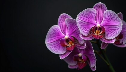 Obraz premium Close-up photo of vibrant orchid flowers on black backdrop. Purple, pink petals, delicate lines, natural beauty, floral arrangement, exotic tropical plant. Perfect for design, beauty, wedding, love,