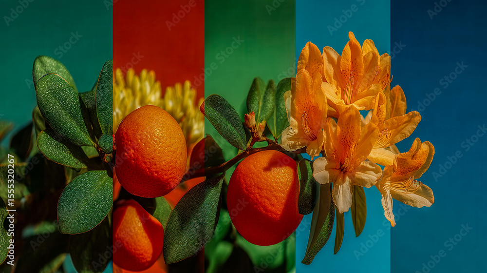 Poster a close up of a flower with a few oranges on it. the oranges are in different colors and sizes, and 