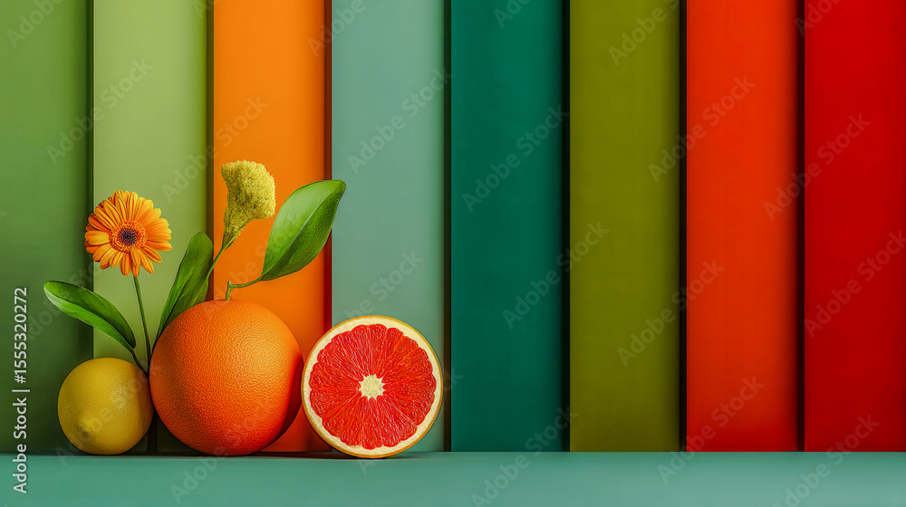 Poster a colorful display of fruit, including an orange and a grapefruit, is arranged on a table. the orang