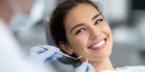 Radiant Young Woman with Perfect Smile at the Dentist's Office - Bright and Healthy Teeth Examined by Dental Professional for Optimal Oral Health Check-up