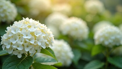 White hydrangea Limelight flowers in full bloom. Green foliage bokeh background. Blossoming hydrangea bush, summer garden, outdoor, floral design, gardening, nature, landscaping.