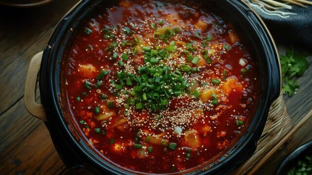 A delicious, spicy soup served in a Korean restaurant. The red color comes from the chili paste, and it's garnished with crushed garlic and green herbs.