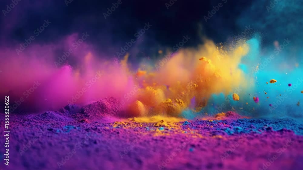Poster an artistic and vivid depiction of a burst of colorful powder, showcasing the spectrum from red to p