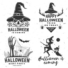 Set of Halloween is coming design. Vector illustration. For holiday Halloween design, shirt, logo, badge, decorations, cards, banner with werewolf, skull hand sticking, flying witch on a broomstick
