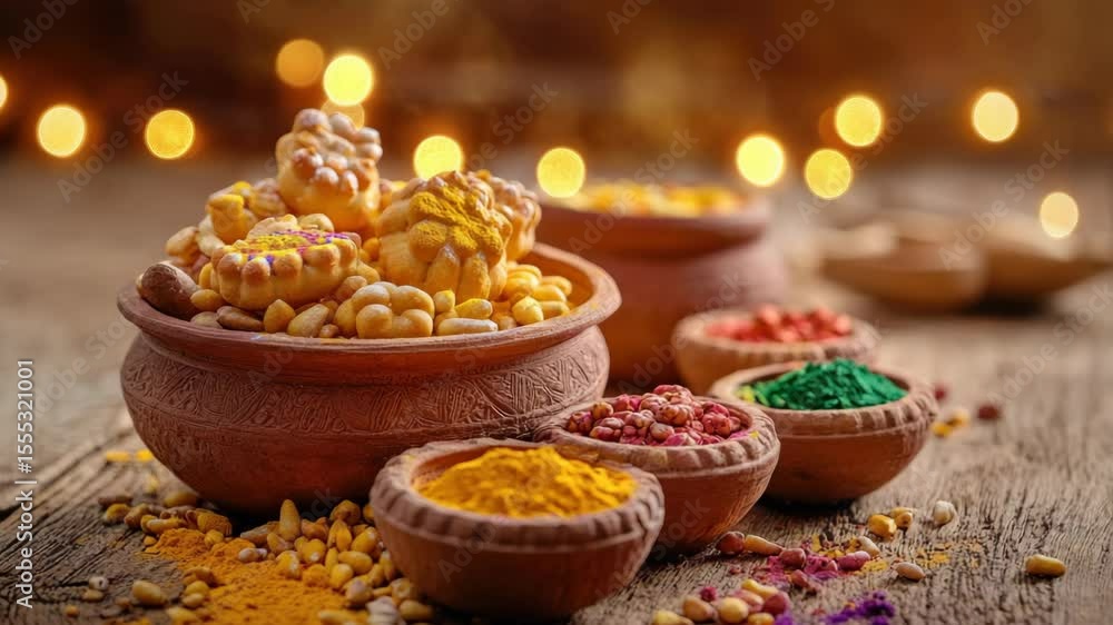 Poster a bowl of food with a variety of spices and nuts. there are also several bowls of different sizes an