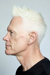 Fototapeta premium An expressive and modern man in a studio setting. Pure white solid background. Conceptual art of style for aging men. Classy men's short rocker haircut - midlife white man with white hair.