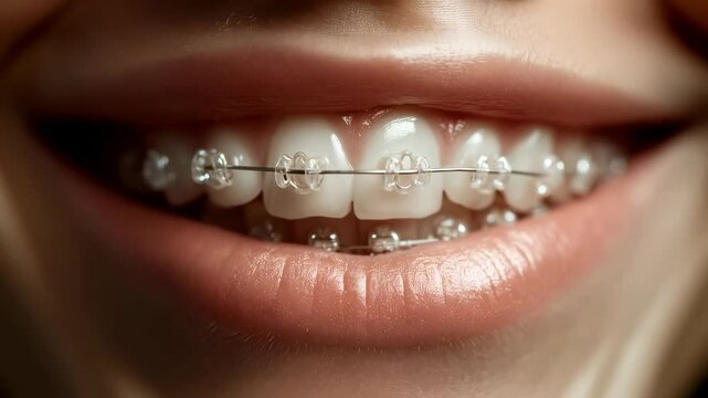 Close up of teeth with braces and clear brackets