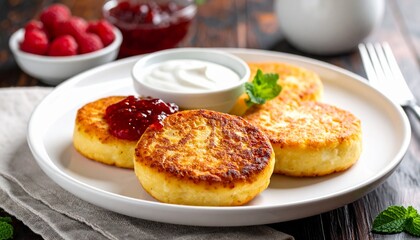 Russian Syrniki with Sour Cream and Jam. Vegetarian Meal Close Up