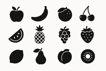 12 black fruit icons in solid style. Minimalist set for healthy food concepts and nutrition graphics. © VectorGomes