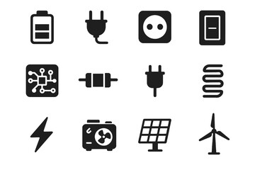 Black set of 12 power icons. Solid vector symbols for electricity, renewable energy, and electrical engineering.