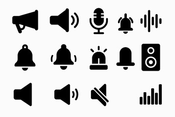12 black audio icons. Solid vector symbols for sound, noise, broadcast, and audio controls.