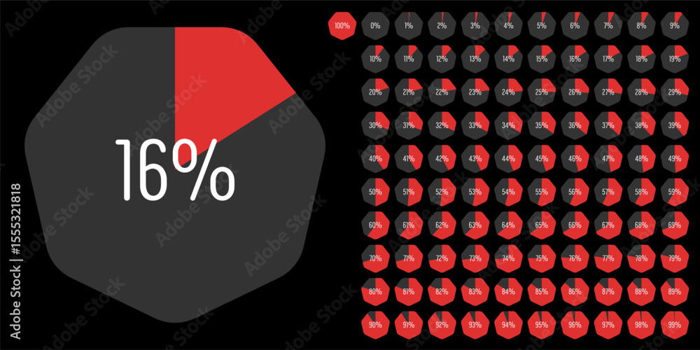 Fototapete set of heptagon percentage diagrams meters from 0 to 100 ready-to-use for web design, user interface