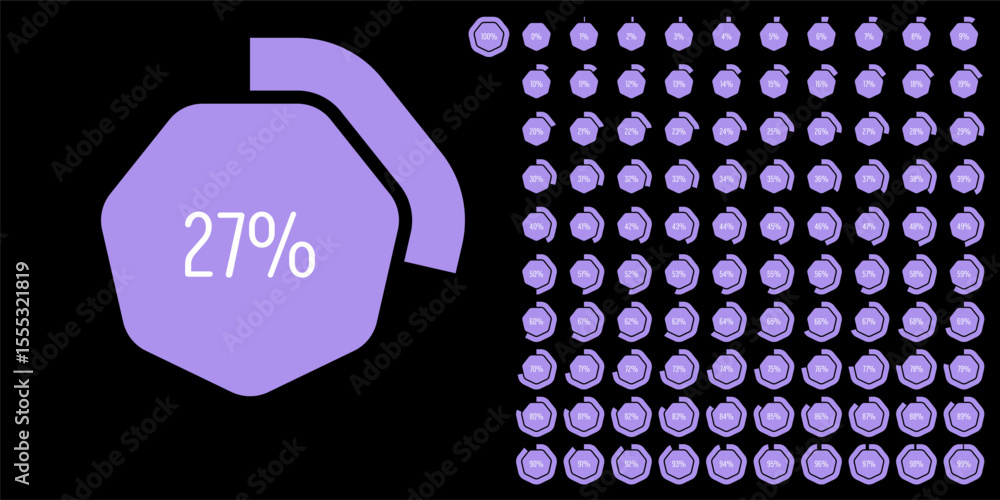 Aufkleber set of heptagon percentage diagrams meters from 0 to 100 ready-to-use for web design, user interface