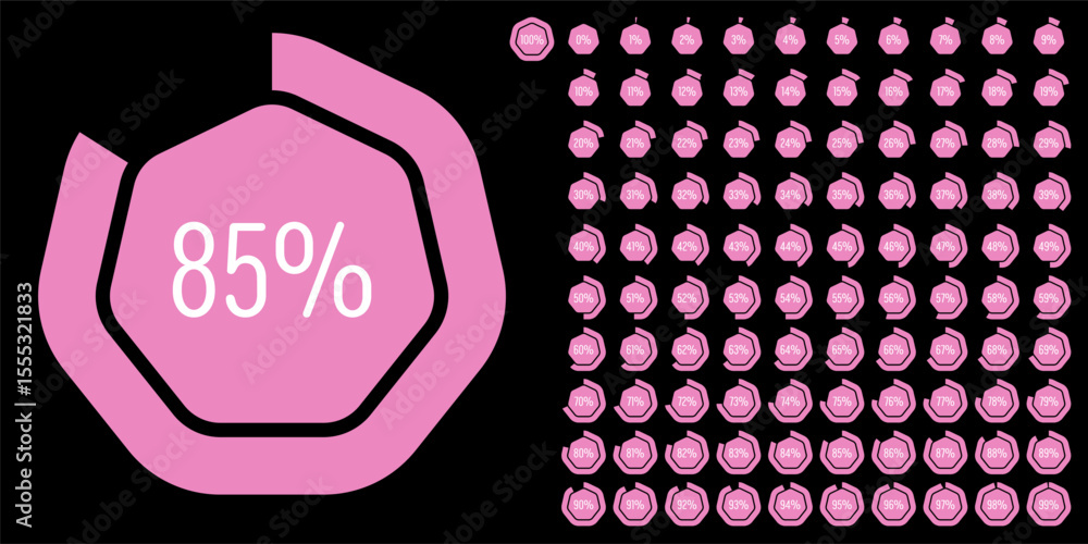 Fototapete set of heptagon percentage diagrams meters from 0 to 100 ready-to-use for web design, user interface