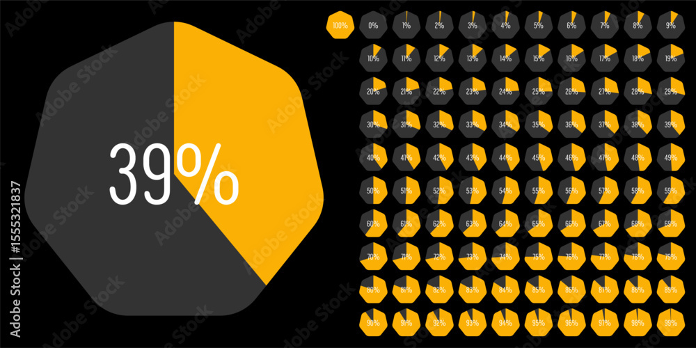 Fototapete set of heptagon percentage diagrams meters from 0 to 100 ready-to-use for web design, user interface