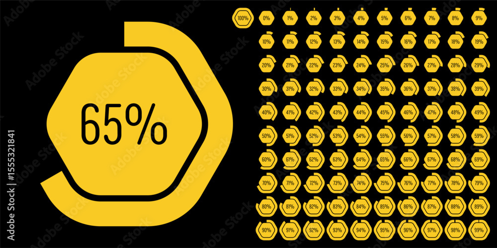 Aufkleber set of hexagon percentage diagrams meters from 0 to 100 ready-to-use for web design, user interface 
