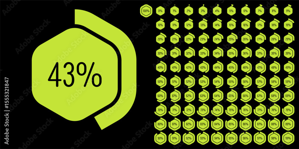 Aufkleber set of hexagon percentage diagrams meters from 0 to 100 ready-to-use for web design, user interface 