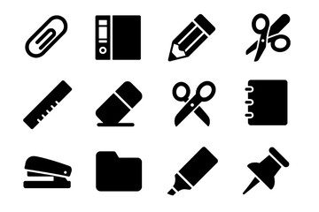 12 black office supply icons. Solid vector for stationery, desk work and organization.