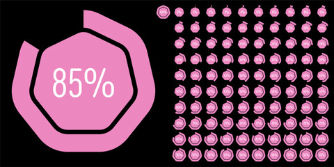 Set of heptagon percentage diagrams meters from 0 to 100 ready-to-use for web design, user interface UI or infographic - indicator with pink