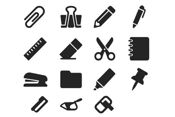 Black set of 12 stationery icons. Minimal vector for writing, work, and office tools.
