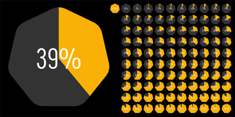 Set of heptagon percentage diagrams meters from 0 to 100 ready-to-use for web design, user interface UI or infographic - indicator with yellow