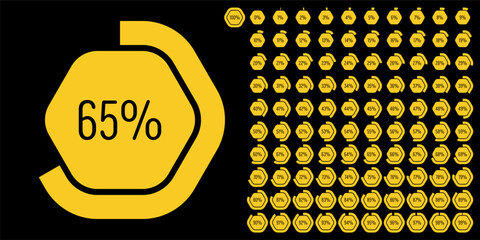 Set of hexagon percentage diagrams meters from 0 to 100 ready-to-use for web design, user interface (UI) or infographic - indicator with yellow