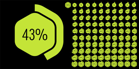Set of hexagon percentage diagrams meters from 0 to 100 ready-to-use for web design, user interface (UI) or infographic - indicator with green