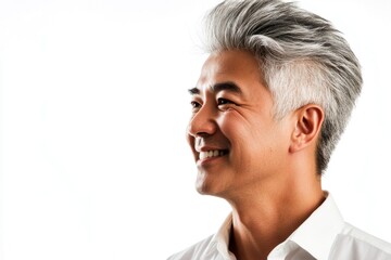 Fototapeta premium Conceptual art creative design of style for aging men. A happy man in a studio photo. Pure white solid background. Elegant men's hard part haircut - midlife southeast asian man with short hai.