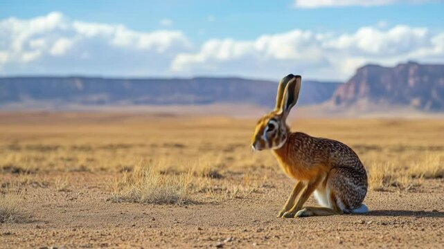 Wildlife of the southwestern United States. Long-eared jerboa looking out over a barren landscape.