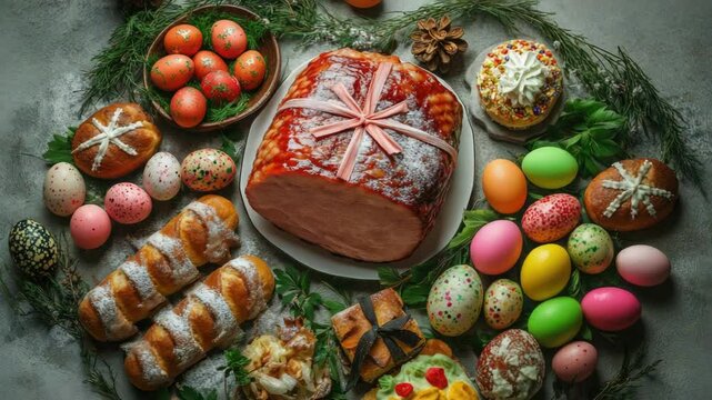 A variety of Easter dishes and sweet treats displayed for celebration, including ham, eggs, breads, and other festive edibles.