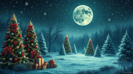 Christmas Enchantment: Festive fir trees twinkle with lights, amidst a serene snow-covered landscape. The image evokes a sense of magic and tranquility under the moonlight.