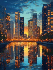 Cityscape at dusk reflected in a canal