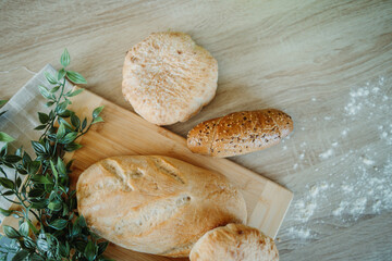 Top view of rolling pin bread and bakery products	