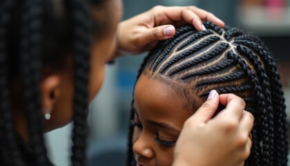 Woman braids girl black dreadlocks in beauty salon. Close-up of intricate braiding process. Professional hairstylist makes trendy african coiffure. Beautiful black hair braids.
