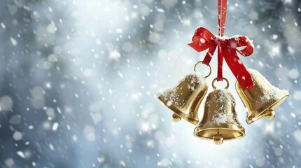 Festive Bells in Winter Snowfall: Golden bells adorned with red ribbon, delicately dusted with snow, evoke the festive cheer of the season. - Powered by Adobe