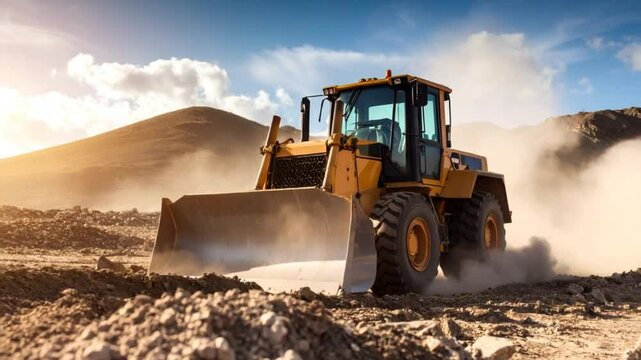 Yellow bulldozer moving dirt outdoors