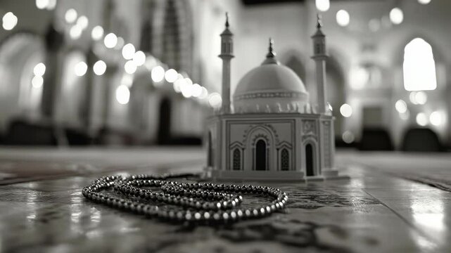 A view of the mosque's interior, showing minarets and domes. A small model mosque is also present in front.